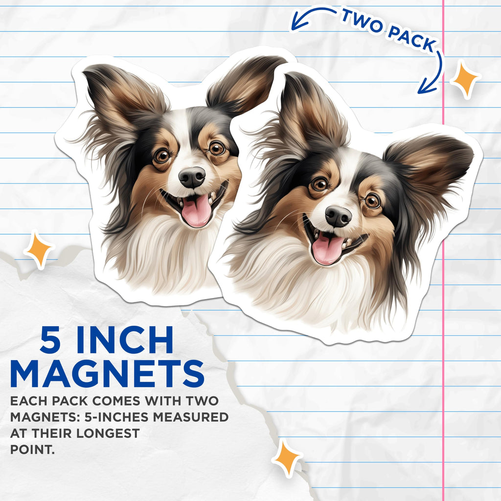 (2 Pack) Papillon Dog Magnets - Happy Pet Animal Lover Decoration - Cute Dog Breed Fridge Accessories for Owners - 5 Inches On Longest Side - Thick Durable Magnet - Made in USA - MAG25935