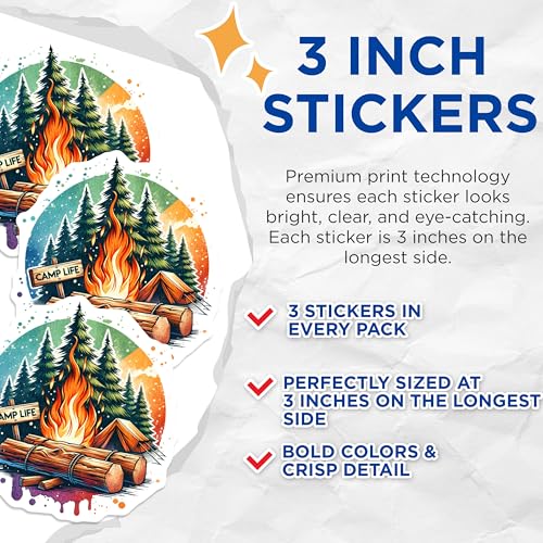 (3 Pack) Camp Life Decals - Bonfire Stickers - Camping Trip Decor- 3 Inches On Longest Side - Easy Peel & Apply - Made in USA - 3MCS5942