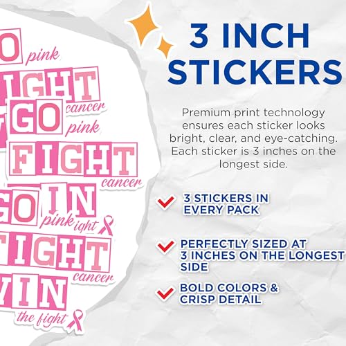 (3 Pack) Go Pink Fight Cancer Decals - Breast Cancer Awareness - Laptop Decal - 3 Inches On Longest Side - Easy Peel & Apply - Made in USA - 3MCS1318