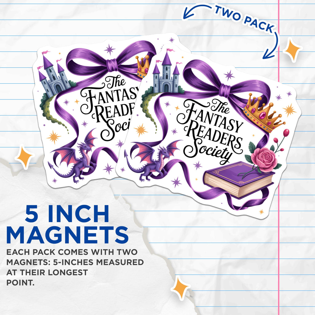 (2 Pack) Fantasy Readers Society Magnets - Book Club Decor - Dragon Castle Crown Book Lover - 5 Inches On Longest Side - Thick Durable Magnet - Made in USA - MAG20789