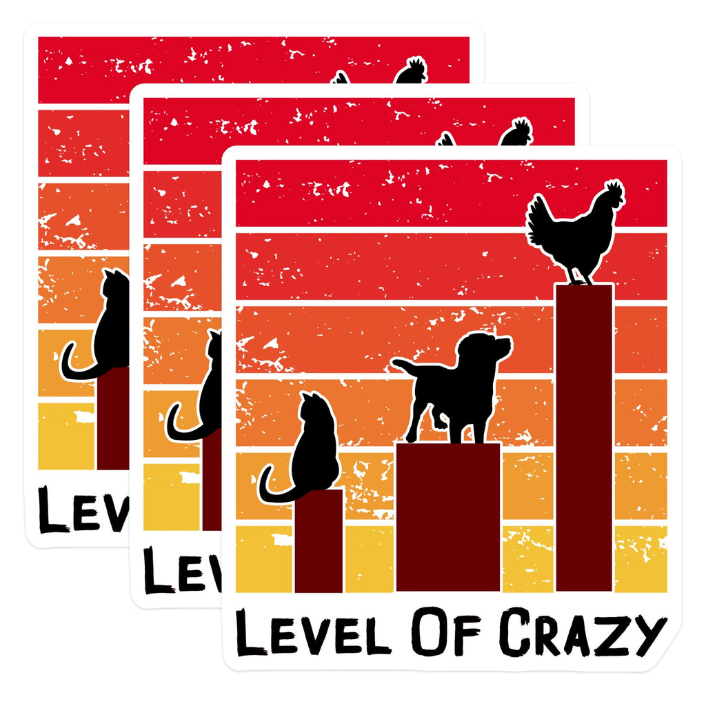 (3 Pack) Level of Crazy Decals - Cat Dog Chicken - Funny Pet Laptop Decal - 3 Inches On Longest Side - Easy Peel & Apply - Made in USA - 3MCS4539