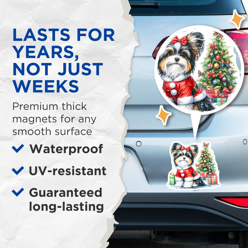 (2 Pack) Christmas Dog Magnets - Santa Puppy Pet Lover Decor - Biewer Terrier Holiday Art - 5 Inches On Longest Side - Thick Durable Magnet - Made in USA - MAG25815