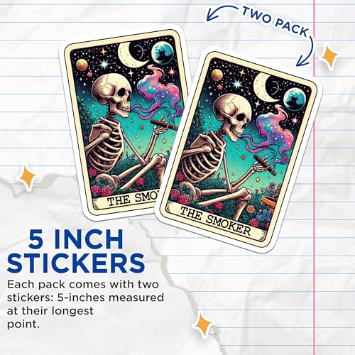 (2 Pack) The Smoker Stickers - Skeleton Smoking - Cosmic Art - Trippy Sticker Skull Art - 5" On Longest Side - Sticks to Smooth Flat Surfaces - Made in USA - BMCS5500