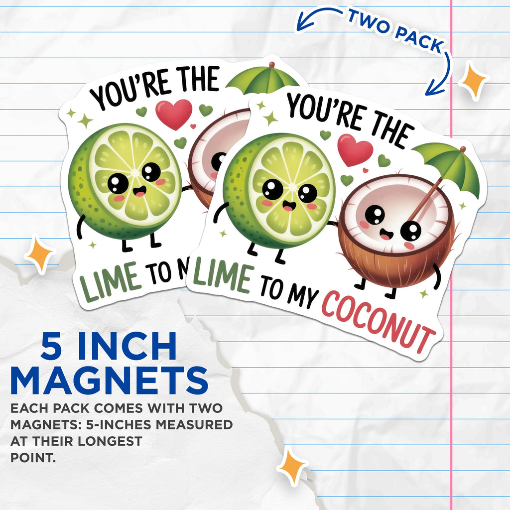 (2 Pack) Lime Coconut Couple Magnets - Cute Food Kawaii Love Decor - Sweetheart Anniversary Refrigerator Magnets - 5 Inches On Longest Side - Thick Durable Magnet - Made in USA - MAG37358