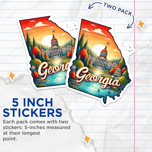 (2 Pack) Georgia State Stickers - Travel Destination Stickers - Scenic Georgia Art Decal - 5" On Longest Side - Sticks to Smooth Flat Surfaces - Made in USA - BMCS5051