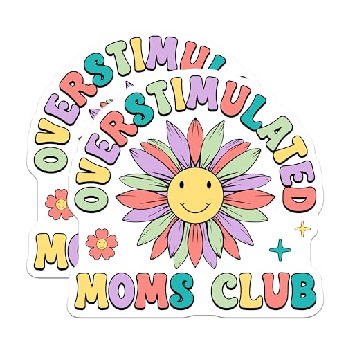 (2 Pack) Overstimulated Moms Club Stickers - Mom Life Sticker - Colorful Flower Sticker - 5" On Longest Side - Sticks to Smooth Flat Surfaces - Made in USA - BMCS9027