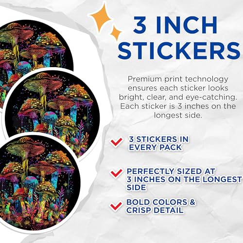 (3 Pack) Psychedelic Mushroom Decals - Colorful Fungi Art - Laptop Decal- 3 Inches On Longest Side - Easy Peel & Apply - Made in USA - 3MCS5426
