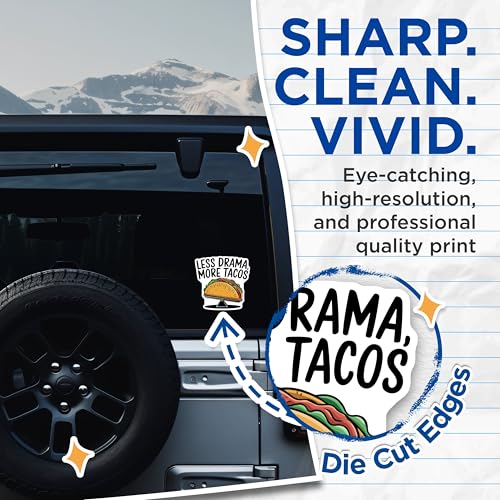 (2 Pack) Less Drama More Tacos Stickers - Funny Food Stickers - Taco Quote Stickers - 5" On Longest Side - Sticks to Smooth Flat Surfaces - Made in USA - BMCS5773