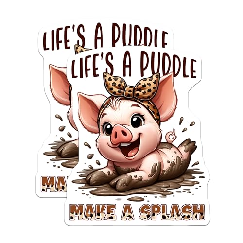 (2 Pack) Cute Pig Stickers - Life's a Puddle Make a Splash - Animal Lover - Funny Pig Design Decals - 5" On Longest Side - Sticks to Smooth Flat Surfaces - Made in USA - BMCS7944