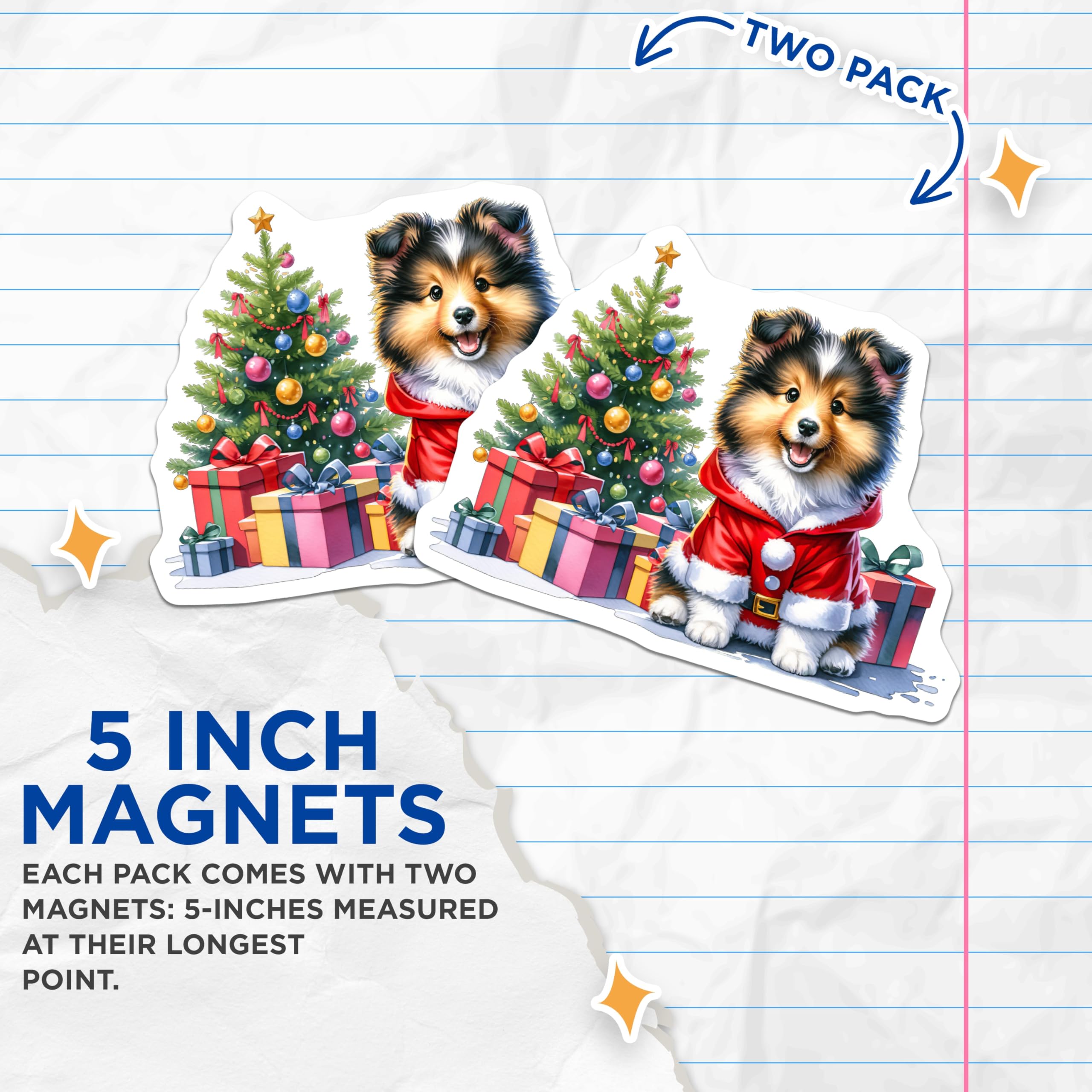 (2 Pack) Christmas Sheltie Magnets - Santa Puppy Dog Lover Holiday Decor - Shetland Sheepdog Festive Winter Scene - 5 Inches On Longest Side - Thick Durable Magnet - Made in USA - MAG23334