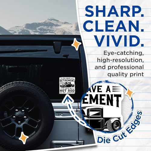 (2 Pack) Retirement Plan Stickers - Hot Rod Car Theme - All Day Everyday Stickers - 5" On Longest Side - Sticks to Smooth Flat Surfaces - Made in USA - BMCS5751
