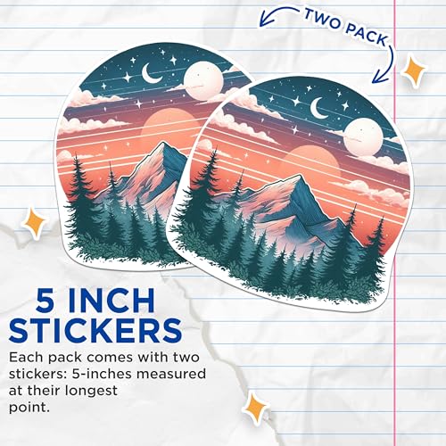 (2 Packs) Mountain Nature Hiking Stickers - Outdoorsman Hiker Decals - 5 Inches On Longest Side - Premium Vinyl Decal - Sticks to Any Smooth Flat Surface - Made in USA - BMCS2296