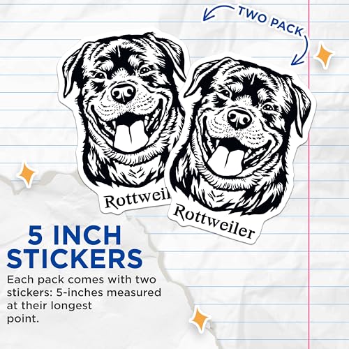 (2 Pack) Rottweiler Dog Stickers - Cute Pet Stickers - Dog Lover Stickers - 5" On Longest Side - Sticks to Smooth Flat Surfaces - Made in USA - BMCS4020