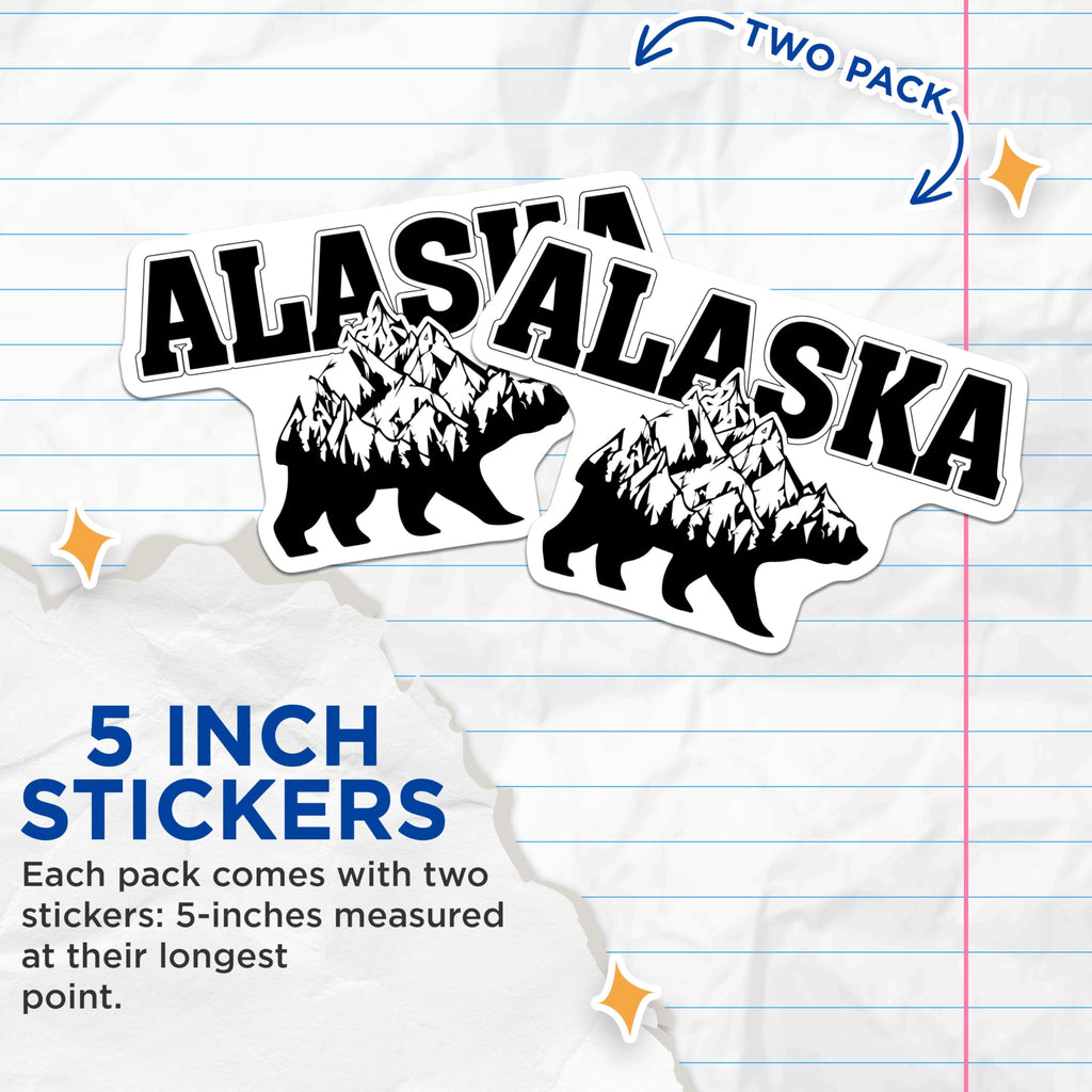 (2 Pack) Alaska Mountain Bear Stickers - Adventure Stickers - Outdoors Nature Stickers - 5" On Longest Side - Sticks to Smooth Flat Surfaces - Made in USA - BMCS4747