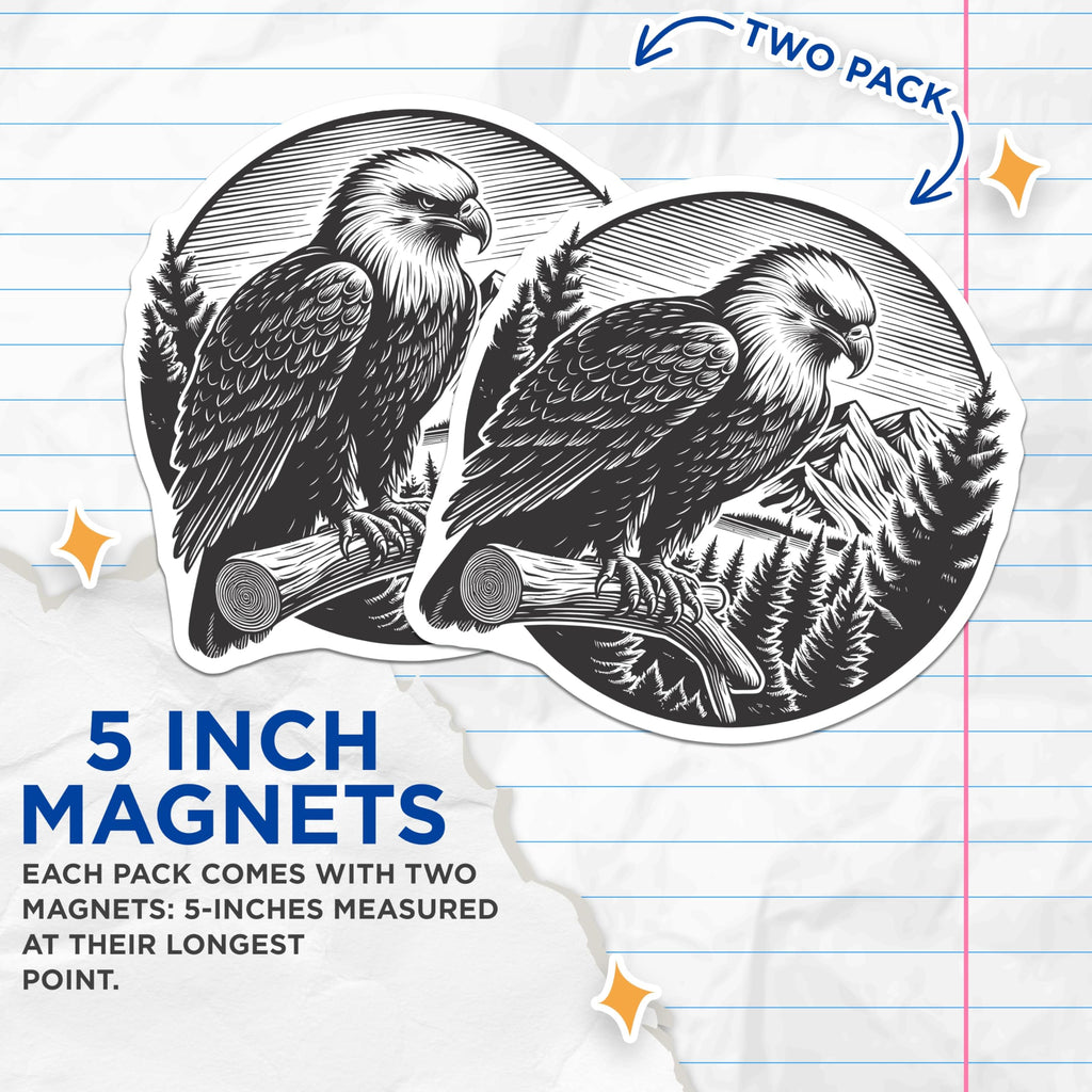 (2 Pack) Bald Eagle Magnets - Majestic Mountain Forest Scene - Rustic Nature Adventure Wildlife Art Decor - 5 Inches On Longest Side - Thick Durable Magnet - Made in USA - MAG22731