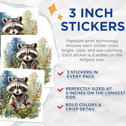 (3 Pack) Raccoon Decals - Cute Animal Stickers - Laptop Decal - 3 Inches On Longest Side - Easy Peel & Apply - Made in USA - 3MCS7469