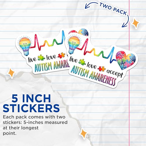 (2 Pack) Autism Awareness Stickers - Live Love Accept Stickers - Puzzle Heart Stickers - 5" On Longest Side - Sticks to Any Smooth Flat Surface - Made in USA - BMCS3201