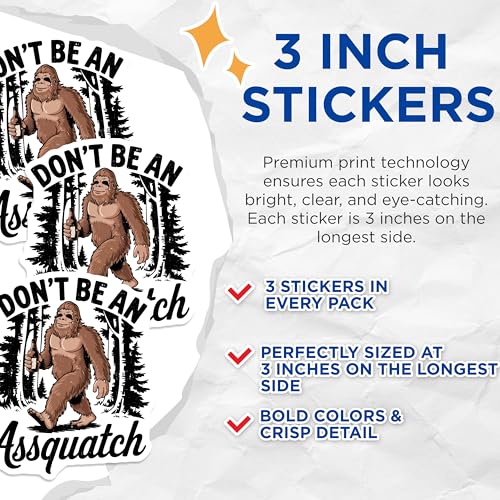 (3 Pack) Bigfoot Decals - Sasquatch Stickers - Funny Assquatch Decal - 3 Inches On Longest Side - Easy Peel & Apply - Made in USA - 3MCS2219