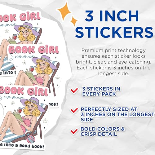 (3 Pack) Book Girl Summer Decals - Reading Lady Decal - Beach Decal - 3 Inches On Longest Side - Easy Peel & Apply - Made in USA - 3MCS4707