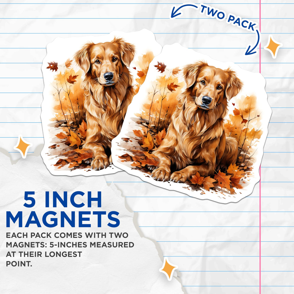 (2 Pack) Golden Retriever Autumn Magnets - Fall Dog Art Refrigerator Decor - Pet Owner Kitchen Accent - 5 Inches On Longest Side - Thick Durable Magnet - Made in USA - MAG29458