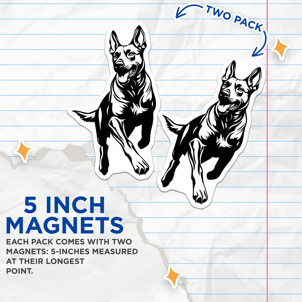 (2 Pack) German Shepherd Magnets - Dynamic Dog Art Decor - Pet Lover Fridge Accessory - 5 Inches On Longest Side - Thick Durable Magnet - Made in USA - MAG36621