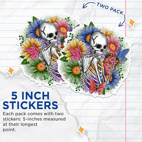 (2 Pack) Skeleton Floral Stickers - Rainbow Butterfly Stickers - Day of The Dead Sticker Art - 5" On Longest Side - Sticks to Any Smooth Flat Surface - Made in USA - BMCS3049