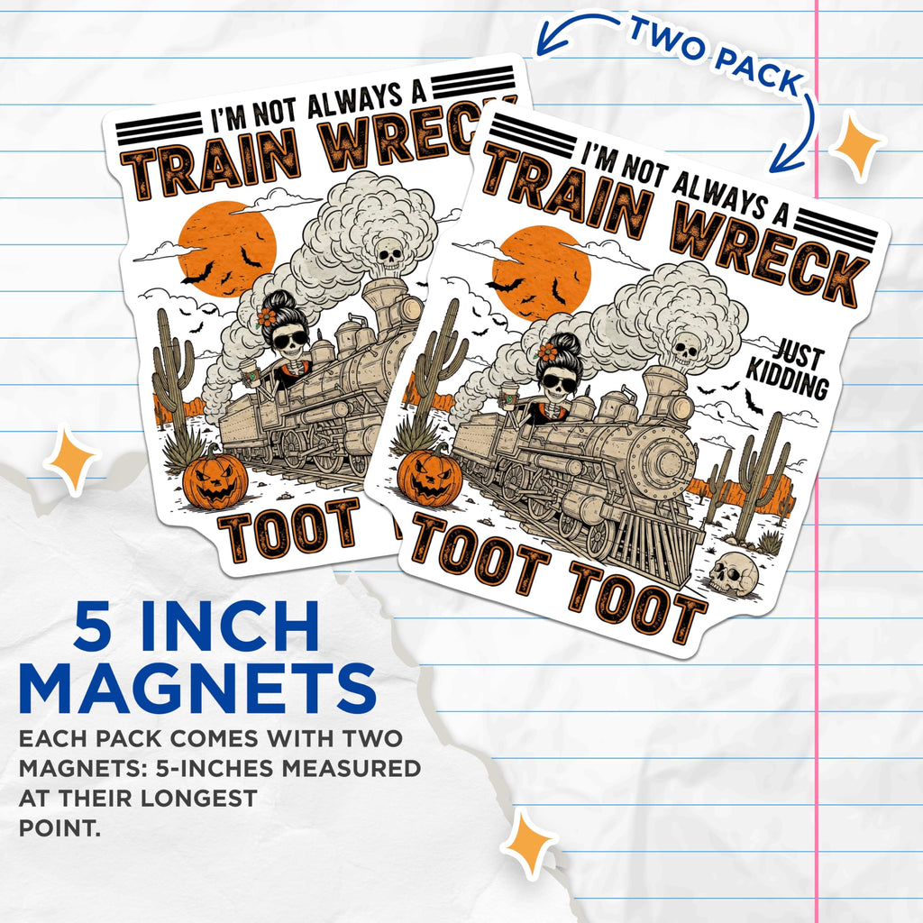 (2 Pack) Train Wreck Magnets - Skeleton Steam Train - Funny Halloween Refrigerator Magnets - 5" On Longest Side - Premium Magnet - for Cars, Refrigerators, Toolboxes, Lockers - Made in USA - MAG16083