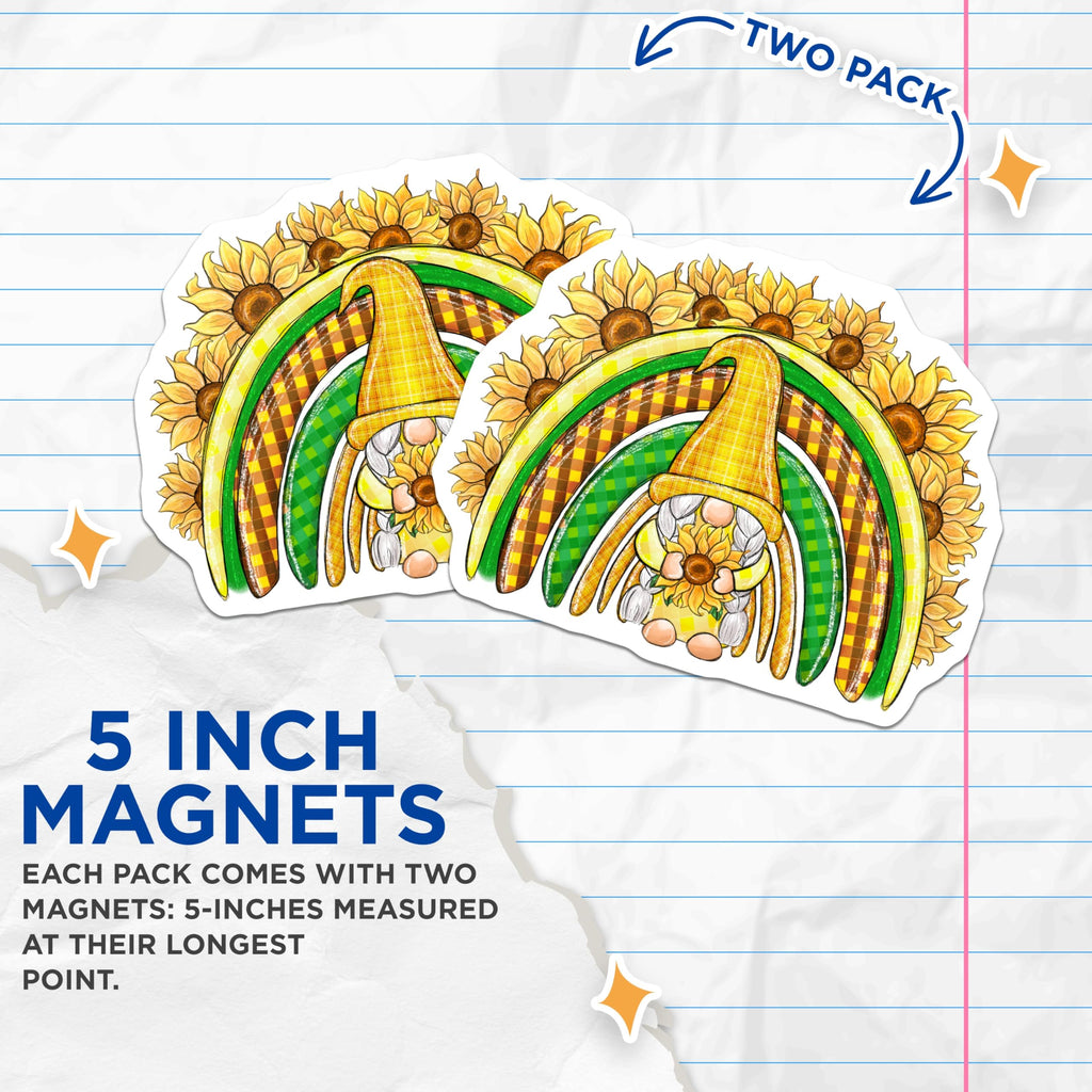 (2 Pack) Sunflower Rainbow Gnome Magnets - Cute Home Decor - Refrigerator Magnets - 5" On Longest Side - Premium Magnet - for Cars, Refrigerators, Toolboxes, Lockers - Made in USA - MAG15497