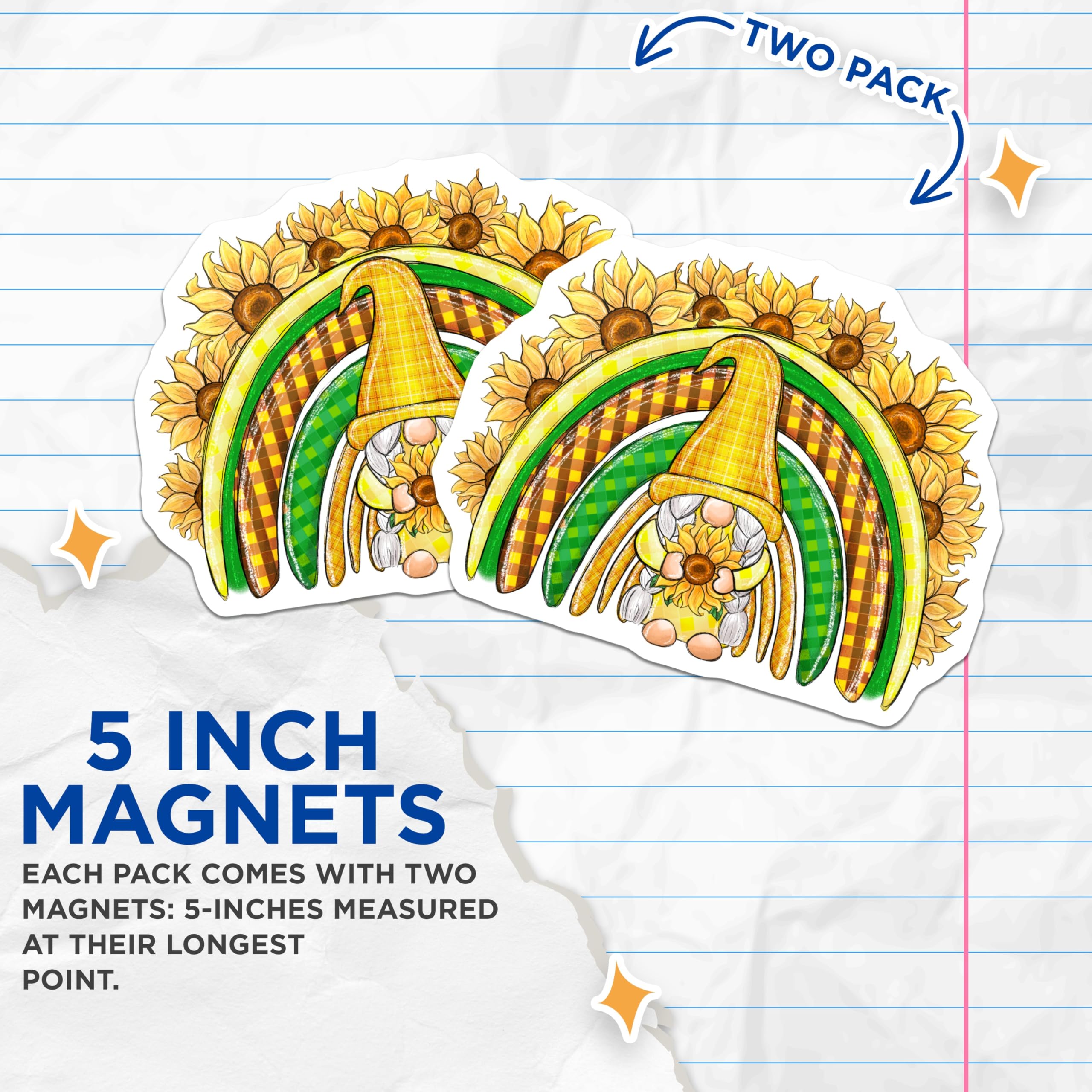 (2 Pack) Sunflower Rainbow Gnome Magnets - Cute Home Decor - Refrigerator Magnets - 5" On Longest Side - Premium Magnet - for Cars, Refrigerators, Toolboxes, Lockers - Made in USA - MAG15497