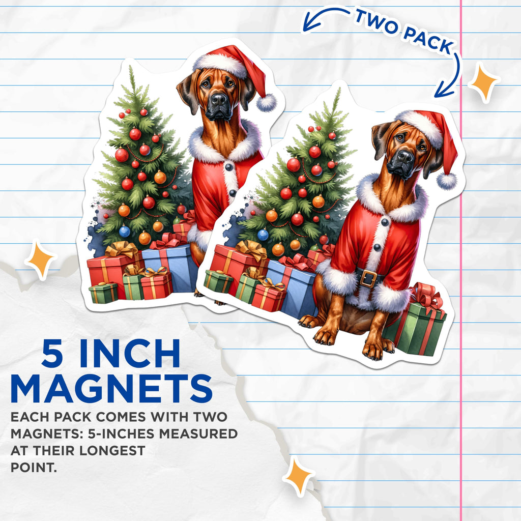 (2 Pack) Christmas Dog Magnets - Santa Suit Pet Decor - Festive Rhodesian Ridgeback Holiday Art - 5 Inches On Longest Side - Thick Durable Magnet - Made in USA - MAG27716