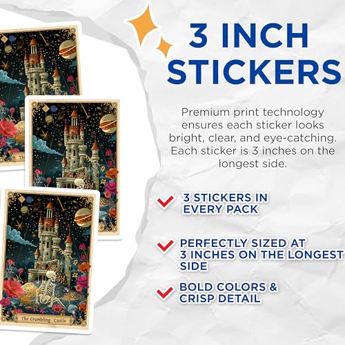 (3 Pack) Crumbling Castle Decals - Skeleton Art - Floral Fantasy Decals - 3 Inches On Longest Side - Easy Peel & Apply - Made in USA - 3MCS0011