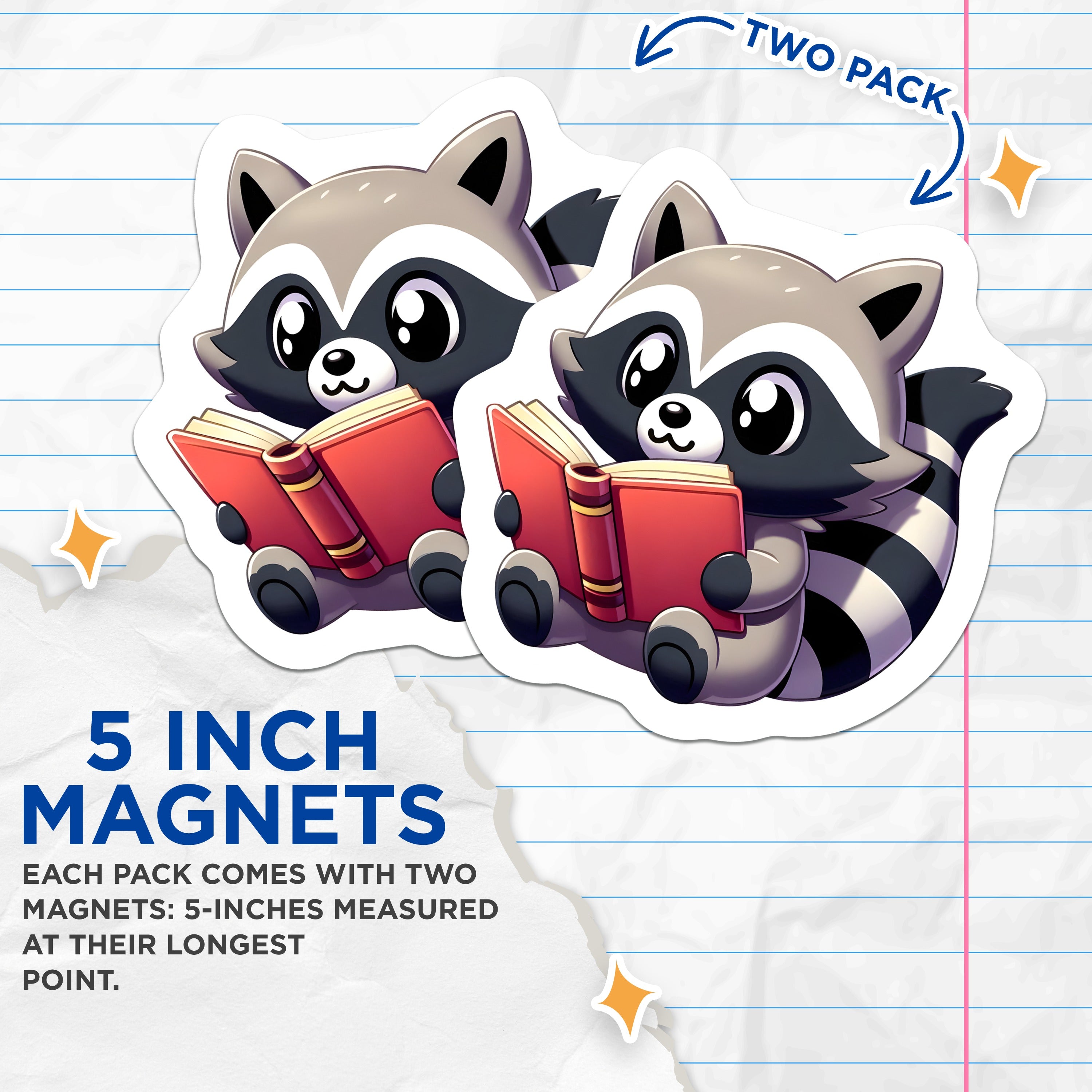 (2 Pack) Raccoon Reading Magnets - Cute Animal Fridge - Book Lover Decor - Kawaii Library Locker Board - 5 Inches On Longest Side - Thick Durable Magnet - Made in USA - MAG37201