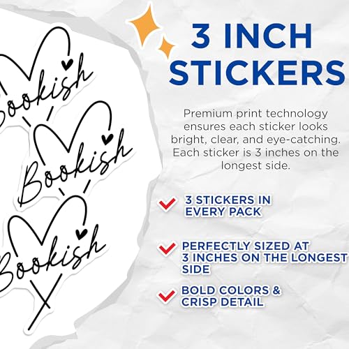 (3 Pack) Bookish Decals - Reader Stickers - Heart Laptop Decals - 3 Inches On Longest Side - Easy Peel & Apply - Made in USA - 3MCS2147