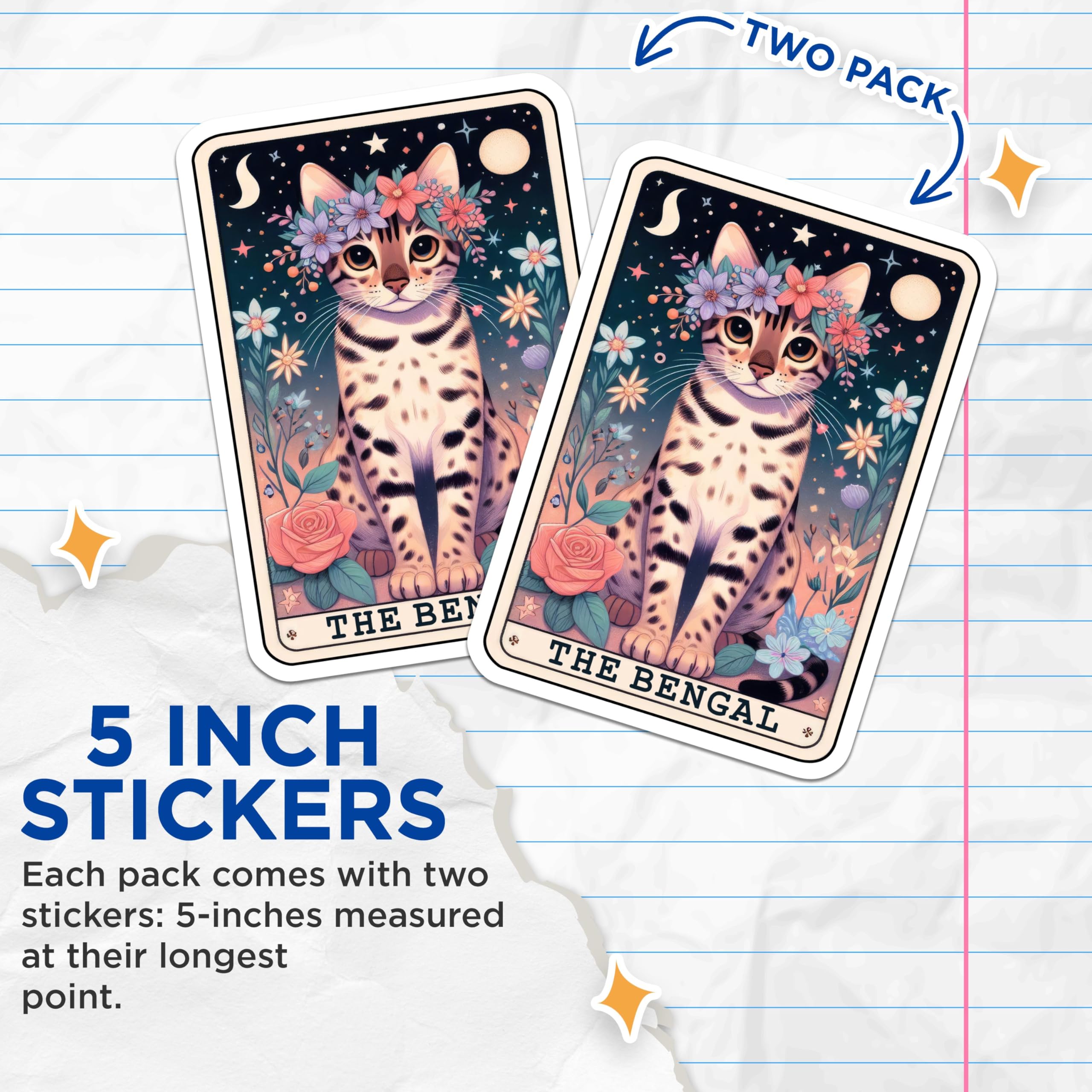 (2 Pack) Bengal Cat Stickers - Cute Cat Flower Crown Stickers - Whimsical Kitty Art Decals - 5" On Longest Side - Sticks to Smooth Flat Surfaces - Made in USA - BMCS4772