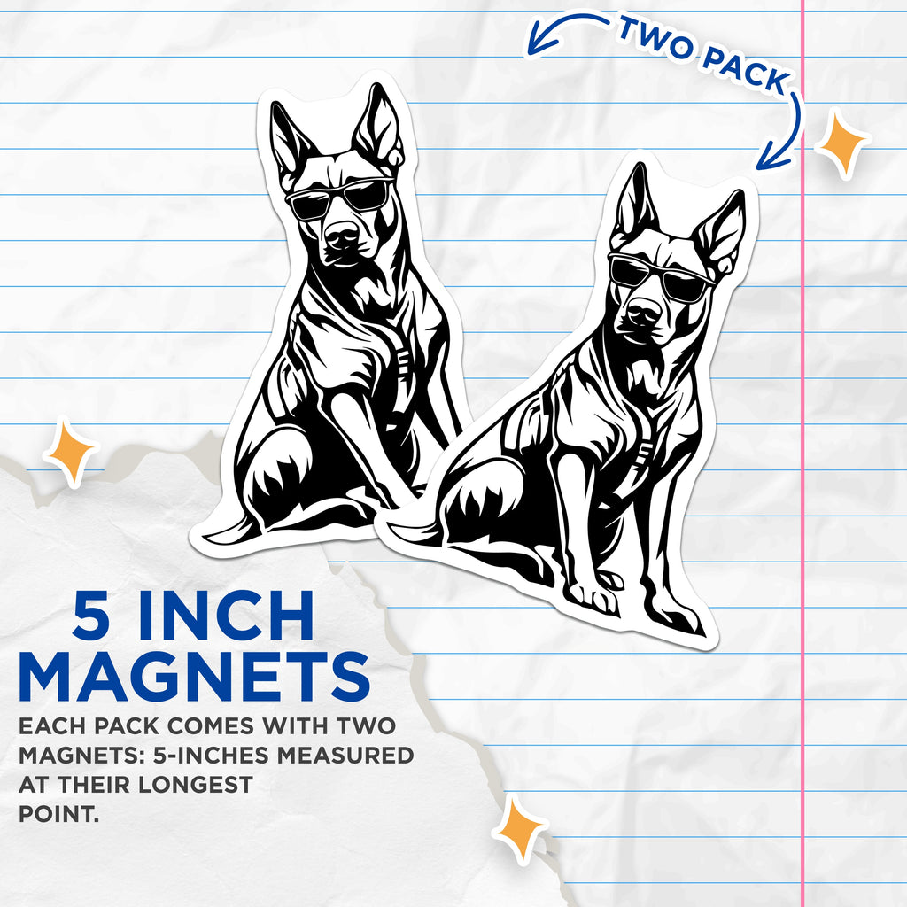 (2 Pack) Cool Dog with Sunglasses Magnets - German Shepherd Car Decals - Dog Lover Refrigerator Art - 5 Inches On Longest Side - Thick Durable Magnet - Made in USA - MAG37788