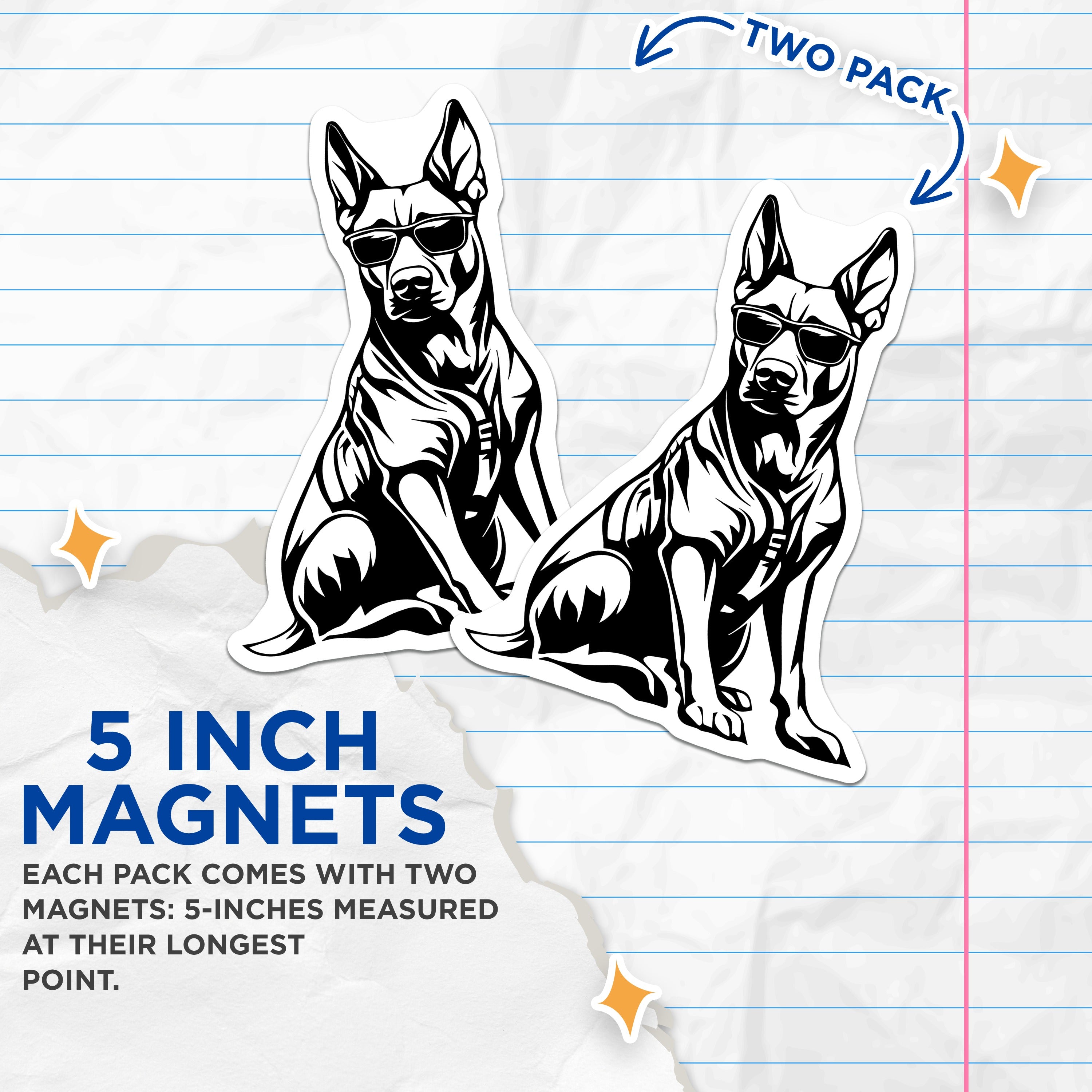 (2 Pack) Cool Dog with Sunglasses Magnets - German Shepherd Car Decals - Dog Lover Refrigerator Art - 5 Inches On Longest Side - Thick Durable Magnet - Made in USA - MAG37788