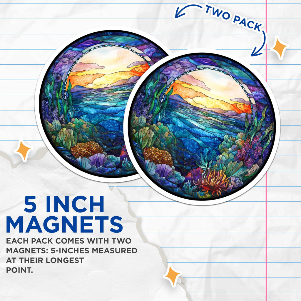 (2 Pack) Stained Glass Ocean Magnets - Vibrant Coral Reef Art - Under the Sea Decor - Ocean Lover Art for Fridge - 5 Inches On Longest Side - Thick Durable Magnet - Made in USA - MAG26364