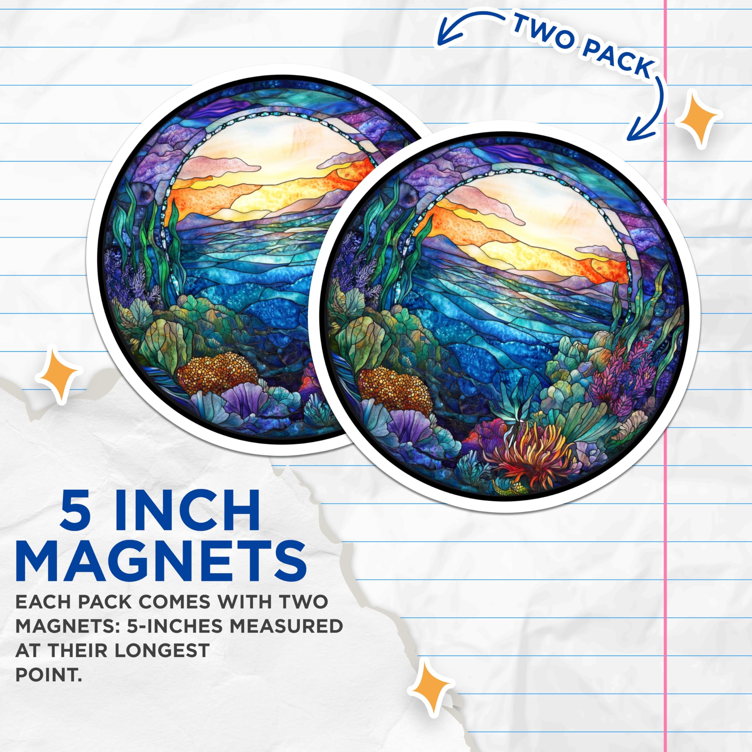 (2 Pack) Stained Glass Ocean Magnets - Vibrant Coral Reef Art - Under the Sea Decor - Ocean Lover Art for Fridge - 5 Inches On Longest Side - Thick Durable Magnet - Made in USA - MAG26364