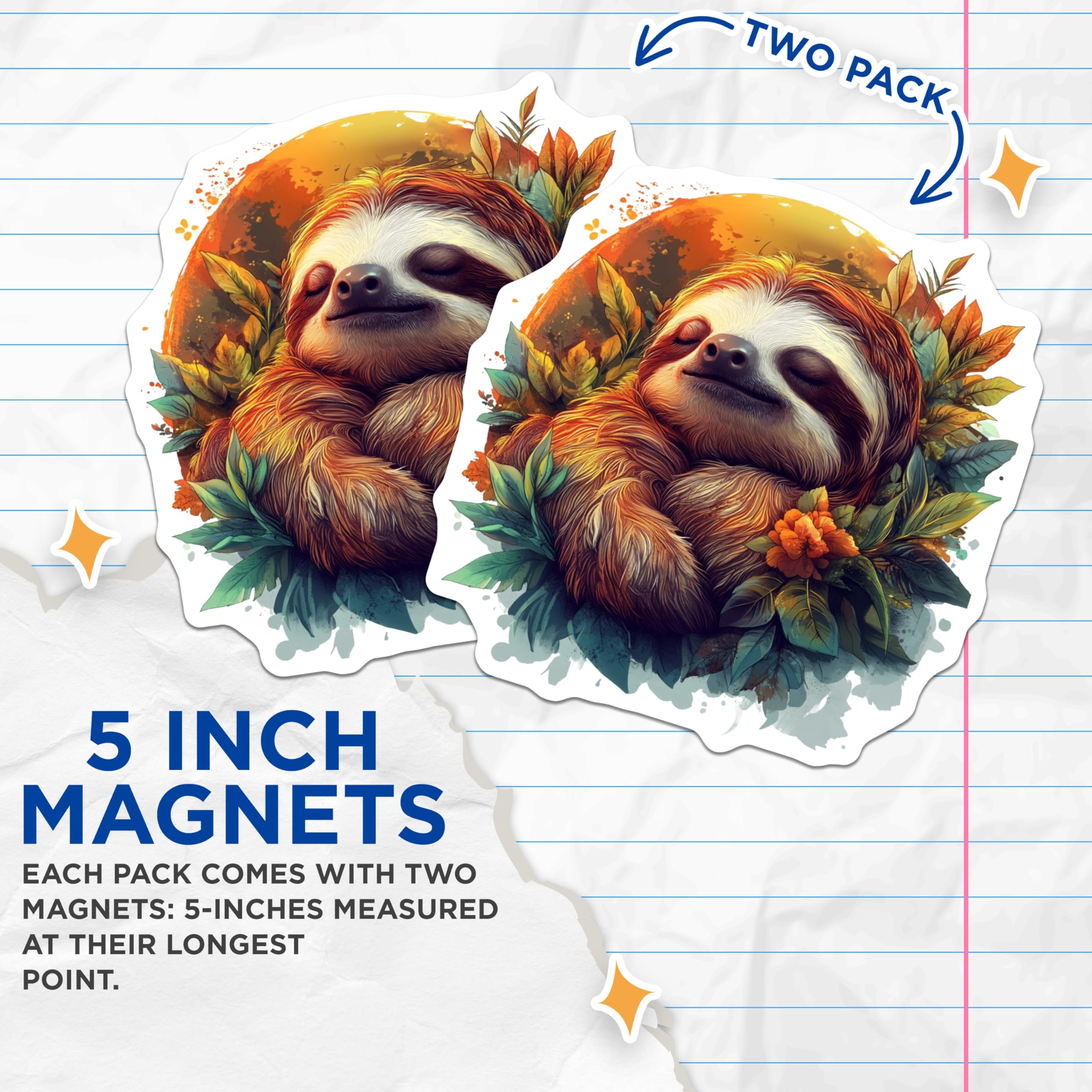 (2 Pack) Adorable Tranquil Sleeping Sloth Magnets - Vibrant Tropical Leaves Design - Whimsical Nature Forest Critter Art - 5 Inches On Longest Side - Thick Durable Magnet - Made in USA - MAG24662