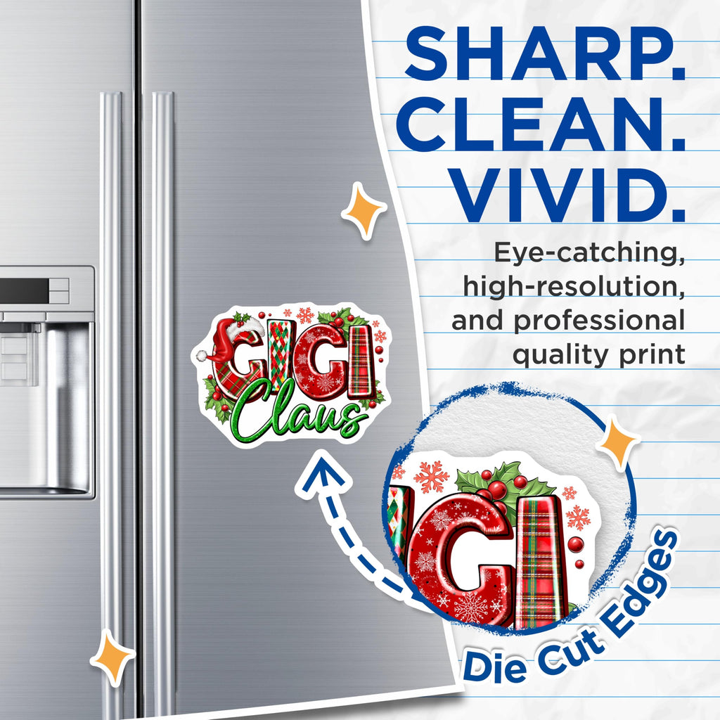 (2 Pack) Gigi Claus Magnets - Personalized Grandma Holiday Decor - Festive Plaid Santa Hat - Winter Refrigerator Magnets - 5 Inches On Longest Side - Thick Durable Magnet - Made in USA - MAG24039