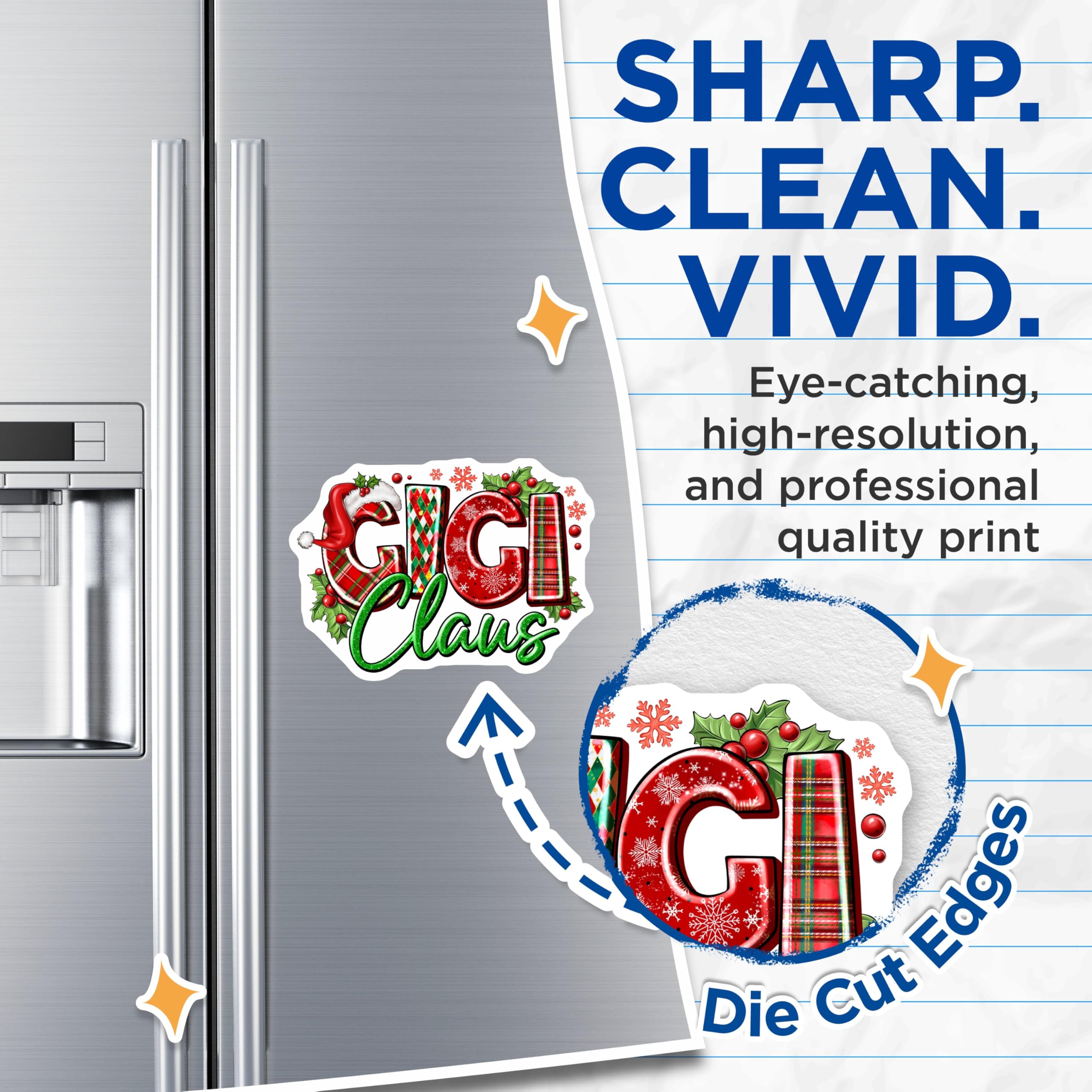 (2 Pack) Gigi Claus Magnets - Personalized Grandma Holiday Decor - Festive Plaid Santa Hat - Winter Refrigerator Magnets - 5 Inches On Longest Side - Thick Durable Magnet - Made in USA - MAG24039