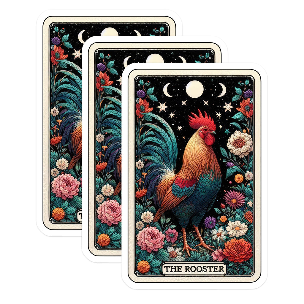 (3 Pack) Rooster Tarot Card Decals - Floral Chicken - Laptop Decals - 3 Inches On Longest Side - Easy Peel & Apply - Made in USA - 3MCS4258