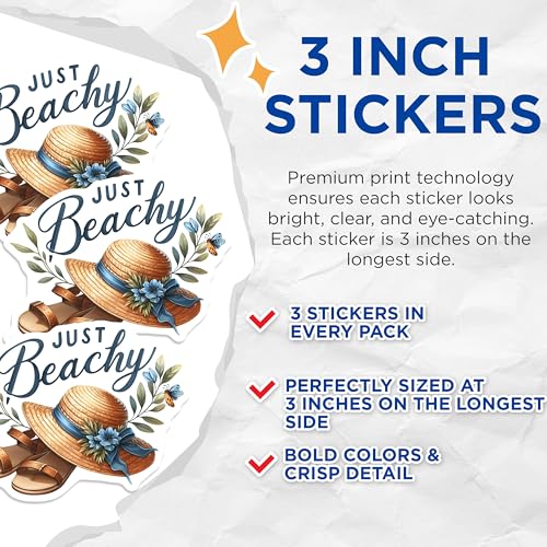 (3 Pack) Beachy Vibes Decals - Summer Hat - Sandals Butterfly Sticker Set - 3 Inches On Longest Side - Easy Peel & Apply - Made in USA - 3MCS8066