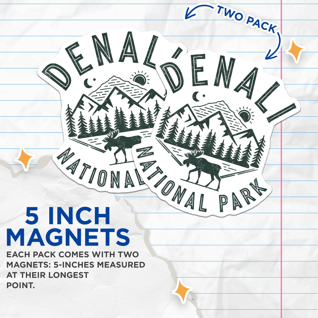 (2 Pack) Denali Magnets - National Park - Moose Decor - Travel Souvenir - 5" On Longest Side - Premium Magnet - for Cars, Refrigerators, Toolboxes, Lockers - Made in USA - MAG18300