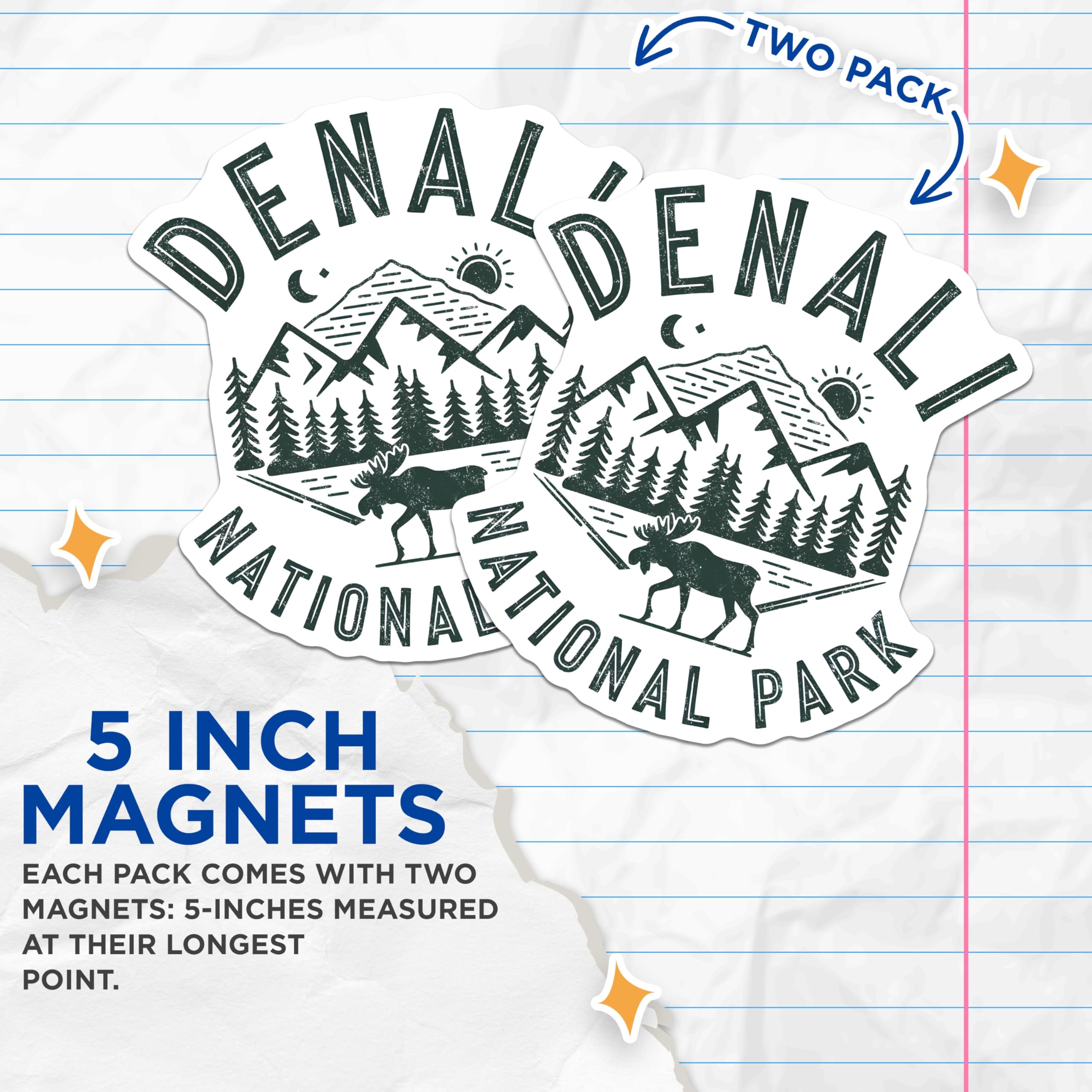 (2 Pack) Denali Magnets - National Park - Moose Decor - Travel Souvenir - 5" On Longest Side - Premium Magnet - for Cars, Refrigerators, Toolboxes, Lockers - Made in USA - MAG18300