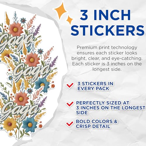 (3 Pack) Gaga Flower Decals - Floral Name Sticker - Laptop Decal - 3 Inches On Longest Side - Easy Peel & Apply - Made in USA - 3MCS1420