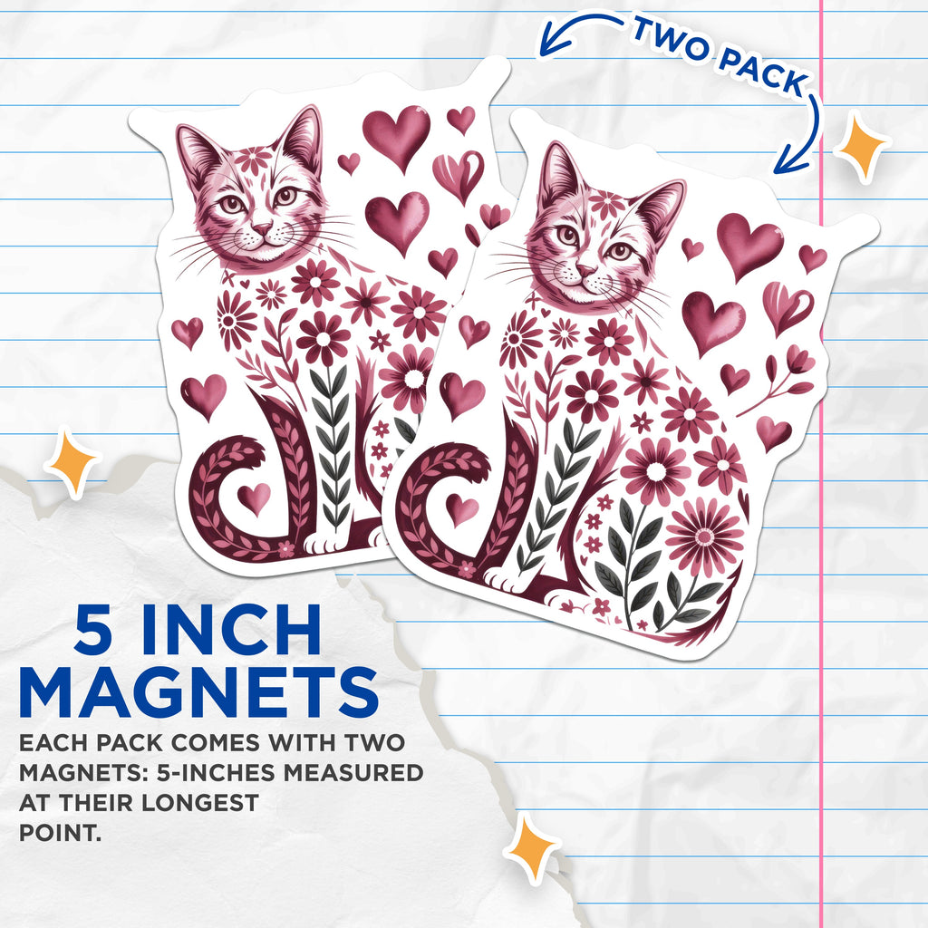 (2 Pack) Floral Cat Magnets - Whimsical Cat Art - Cat Lover Fridge Decor - Boho Aesthetic Home Magnets - 5 Inches On Longest Side - Thick Durable Magnet - Made in USA - MAG38435