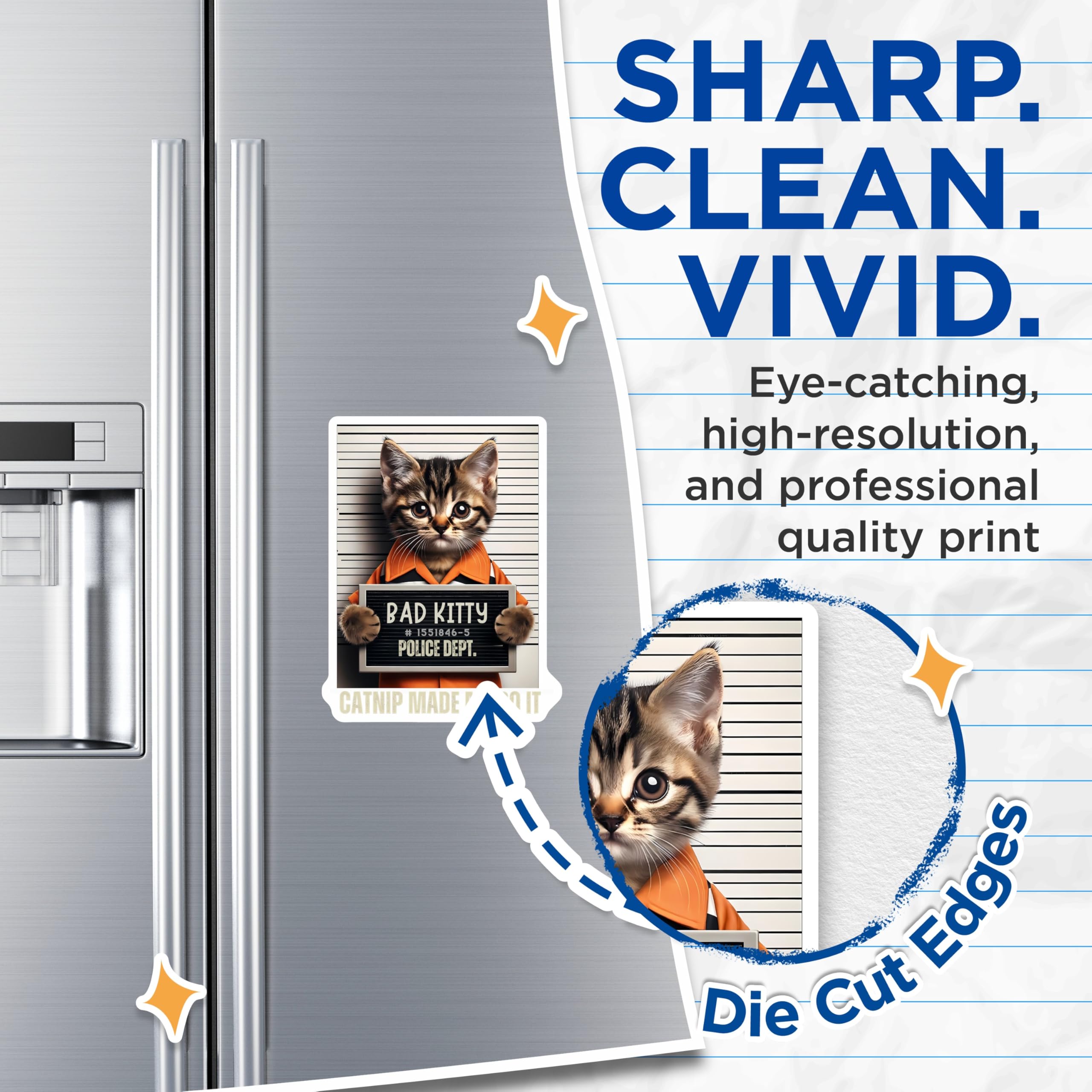 (2 Pack) Bad Kitty Mugshot Magnets - Funny Catnip Made Me Do It - Cute Kitten Refrigerator Decor - Tabby Cat Lover Items - 5 Inches On Longest Side - Thick Durable Magnet - Made in USA - MAG22845