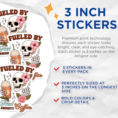 (3 Pack) Fueled by Iced Coffee Decals - Skull with Flower - Funny Laptop Decal - 3 Inches On Longest Side - Easy Peel & Apply - Made in USA - 3MCS8530