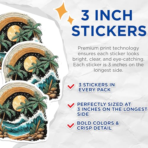 (3 Pack) Beach Scenery Decals - Palm Tree Stickers - Ocean Wave Decals - 3 Inches On Longest Side - Easy Peel & Apply - Made in USA - 3MCS8025